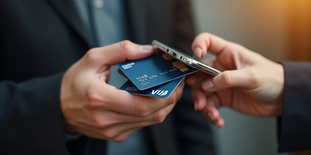 a person holding a smart phone and a credit card in their hands, while another person holds a smart