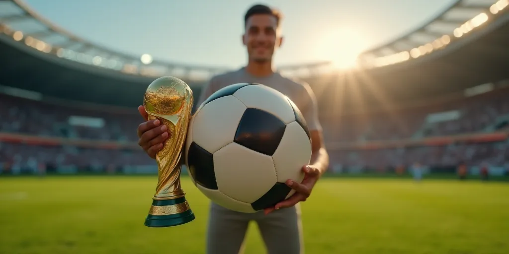 a person holding a soccer ball in their hand with a gold trophy in their hand on a field of a stadiu