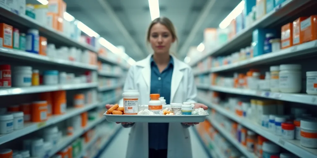 a person holding a tray of medicine in a store aisle with shelves of medicine and other medical supp