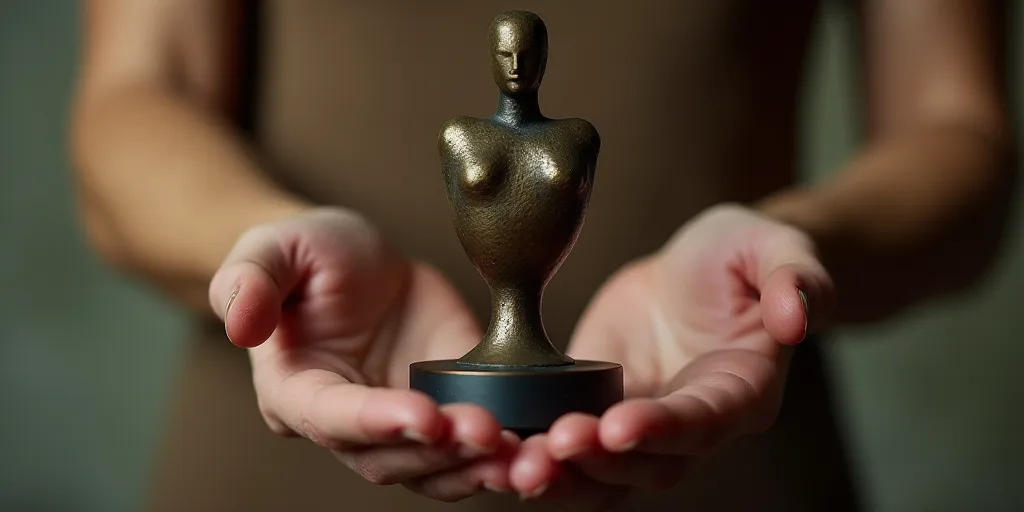 a person holding a trophy in their hands with a blurry background behind them and a blurry backgroun