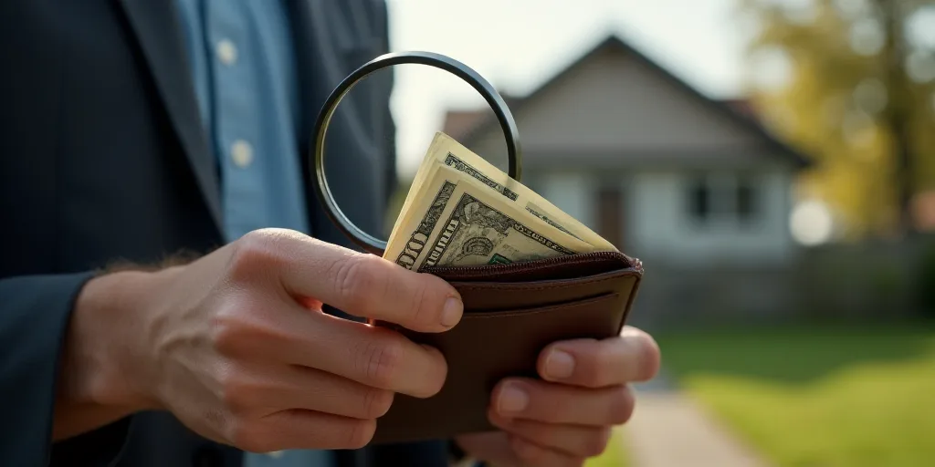 a person holding a wallet with money and a magnifying glass in front of them and a house, Andries St