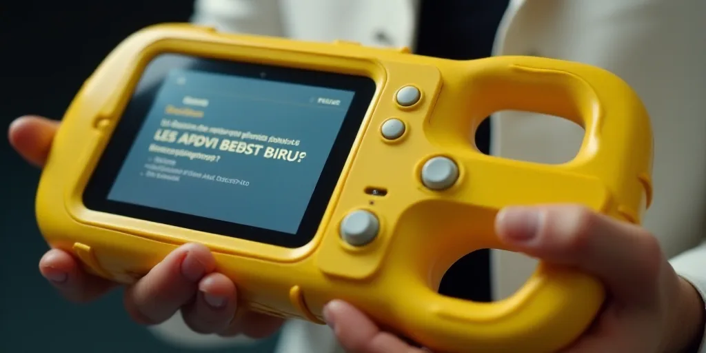 a person holding a yellow device with a screen on it's display area and a text message on the screen