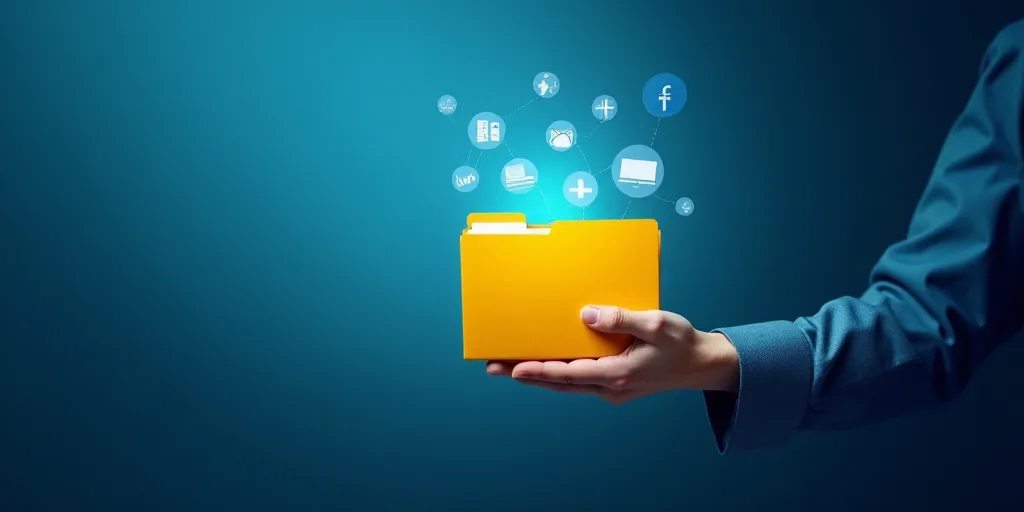 a person holding a yellow folder in their hands with icons coming out of it and a blue background wi