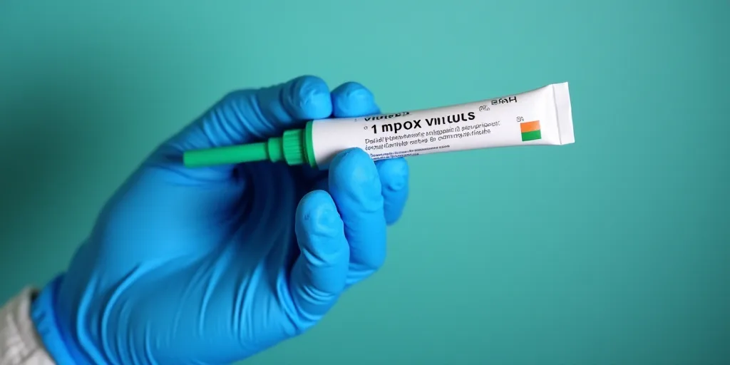 a person in a blue glove holding a tube of mppox viruus in their hand with a green tip, Aquirax Uno,