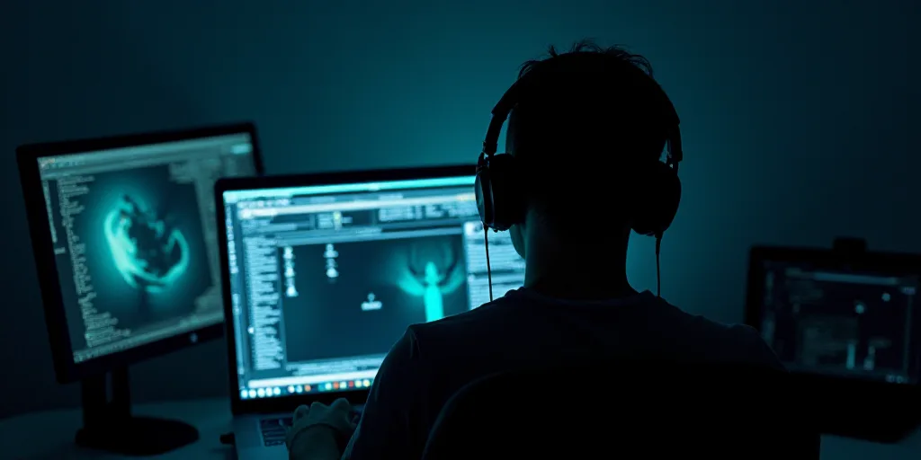 a person in a dark room with a laptop and headphones on their headset and a futuristic screen, Andri