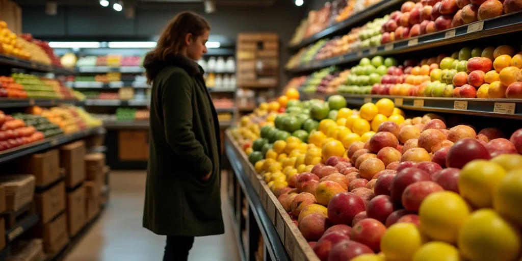 a person in a store with a lot of fruit in the shelves and a person in a coat looking at the fruit,