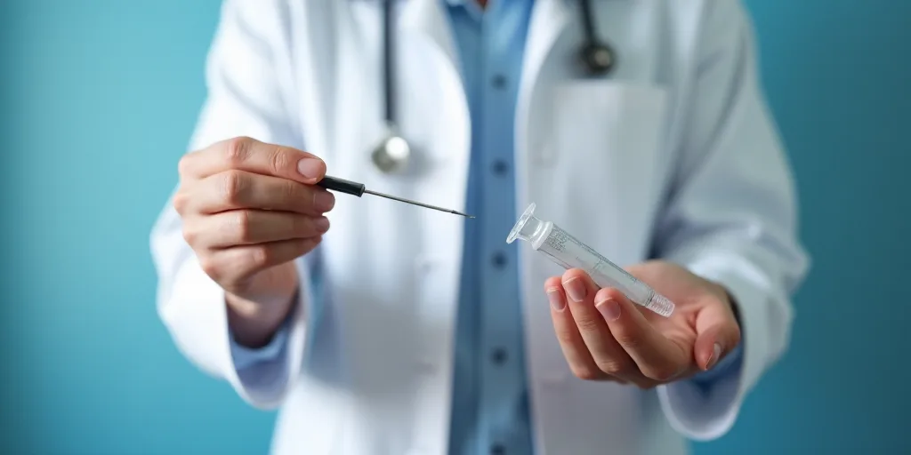 a person in a white coat is holding a syil and a needle in their hand and a needle in the other hand
