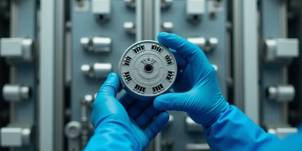 a person in blue gloves and gloves is holding a contraption in front of a machine with white contrap
