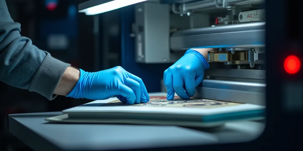 a person in blue gloves is operating a machine with a red light on it's side and a blue glove on the