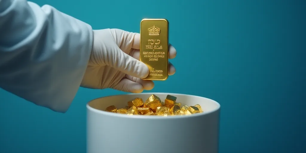 a person in white gloves and white gloves is placing gold bars into a container with a blue backgrou