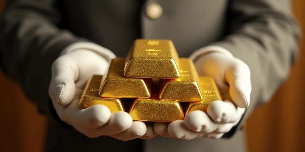 a person in white gloves is holding a stack of gold bars in their hands and a glove is on the top of