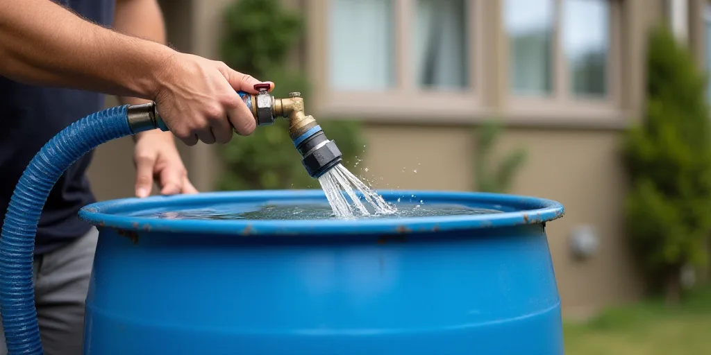 a person is holding a hose and spraying water into a blue barrel with a hose attached to it and a bu