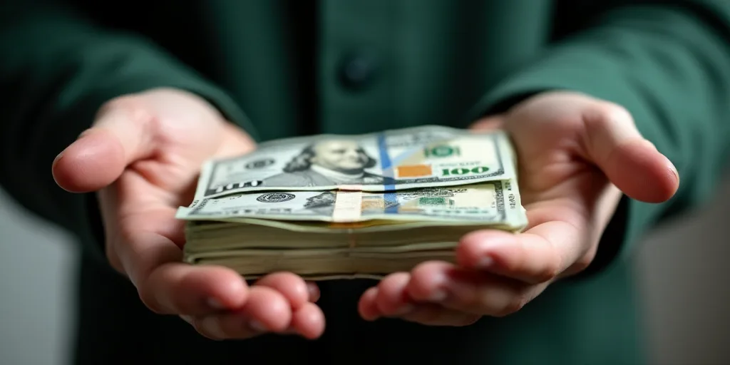 a person is holding a stack of money in their hands and a pile of other money in their other hand, A