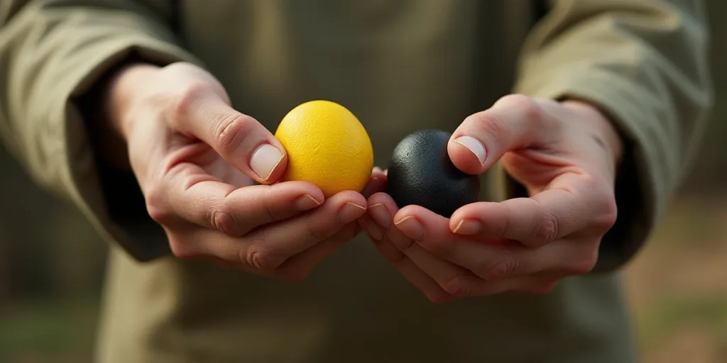 a person is holding a yellow object in their hand and another person is holding a black object in th