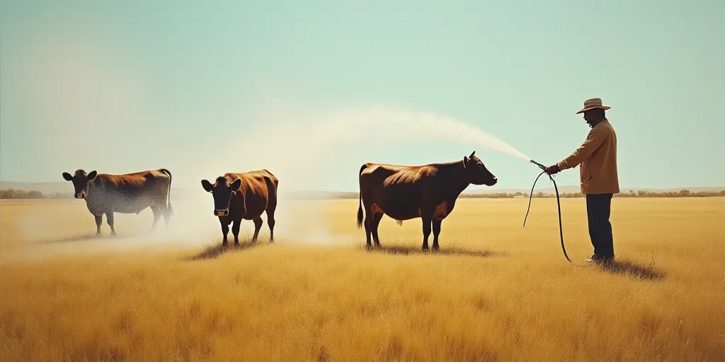 a person is spraying a cow with a hose in a field with a cow in the background and a person holding