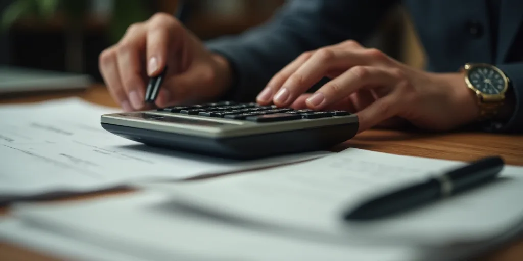 a person is using a calculator and a calculator on a desk with papers and a pen, Evelyn Abelson, dep