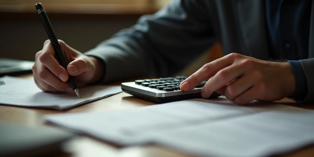 a person is using a calculator and a calculator on a desk with papers and a pen, Evelyn Abelson, dep