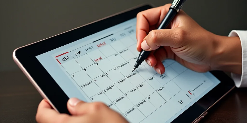 a person is writing on a calendar on a tablet computer with a pen and a marker in their hand, Edi Ra