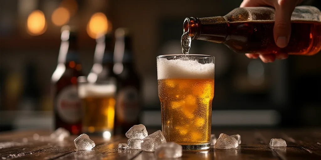 a person pouring a beer into a glass with ice cubes on the side of it and several bottles of beer in