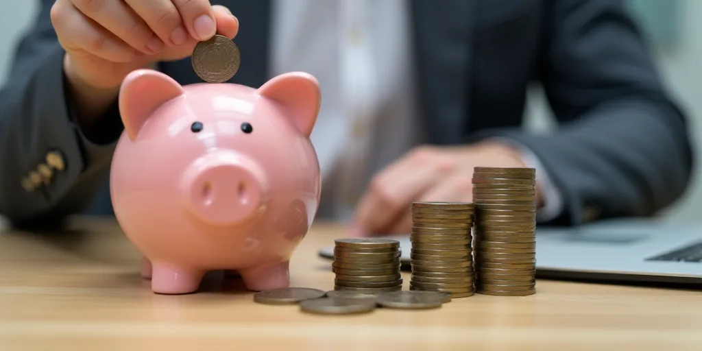 a person putting coins in a piggy bank and putting them in a stack of coins with a pen, Andries Stoc