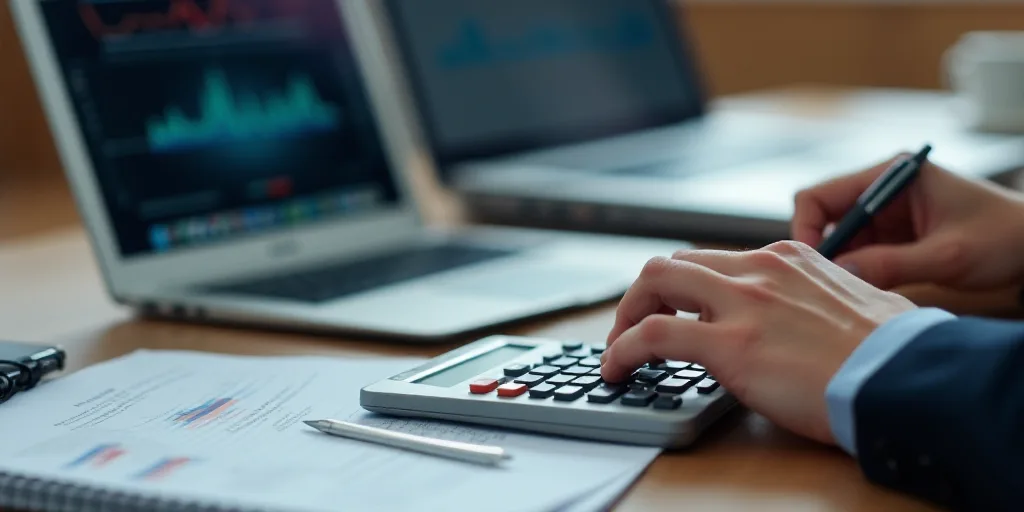 a person sitting at a desk with a calculator and a laptop computer on it, with a calculator and a no
