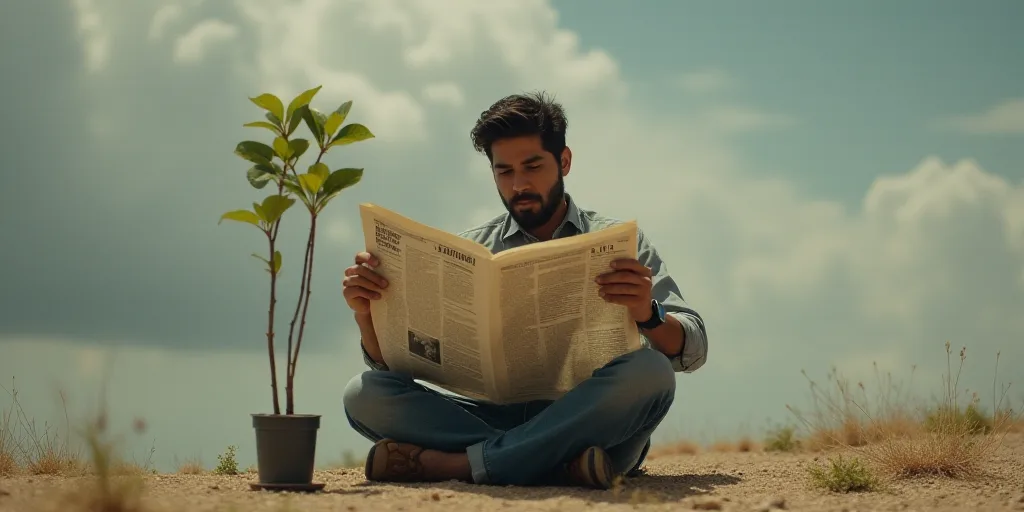 a person sitting on the ground reading a newspaper with a plant in the middle of the image and the w