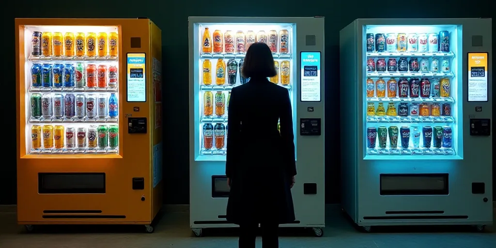 a person standing in front of a vending machine with soda cans in it's display case and a woman stan