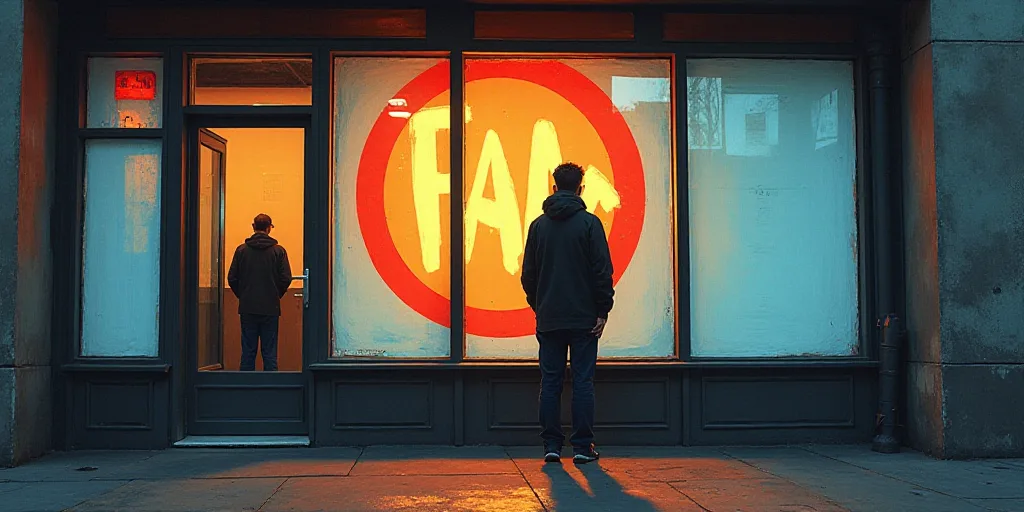 a person standing in front of a window with a logo on it and a person in the background behind it, A
