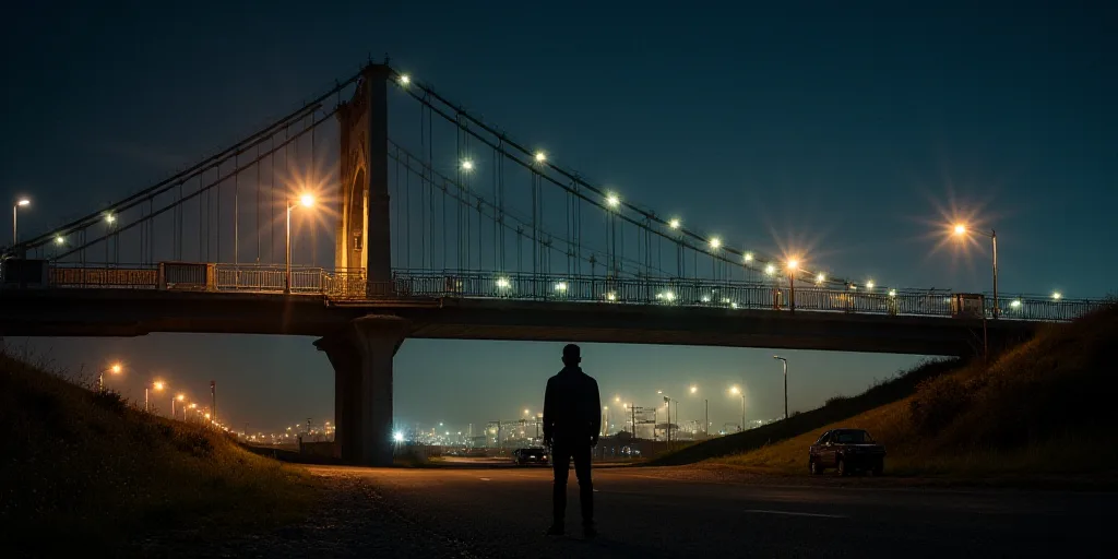 a person standing in front of a bridge with lights on it at night time with a car parked under it, A
