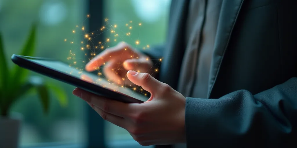 a person touching a tablet with a finger on it with a network of dots above it and a plant in the ba