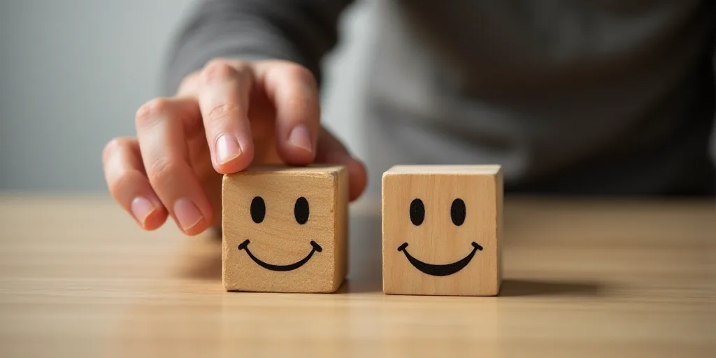 a person touching a wooden block with a smiley face on it's face and another block with a smiley fac