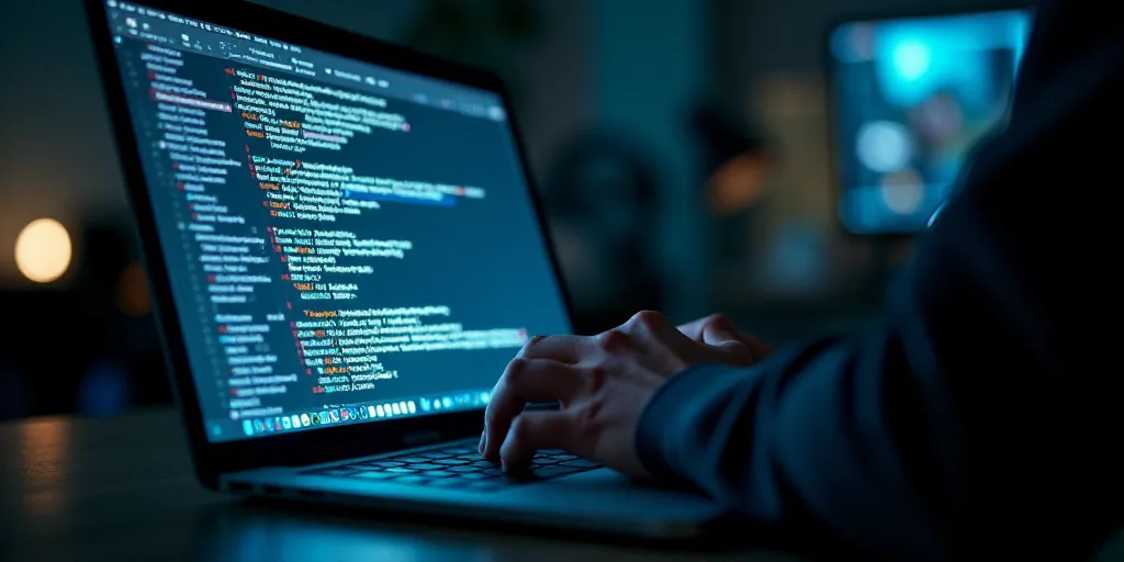 a person typing on a laptop computer with a lot of code on the screen and a hand on the keyboard, Be