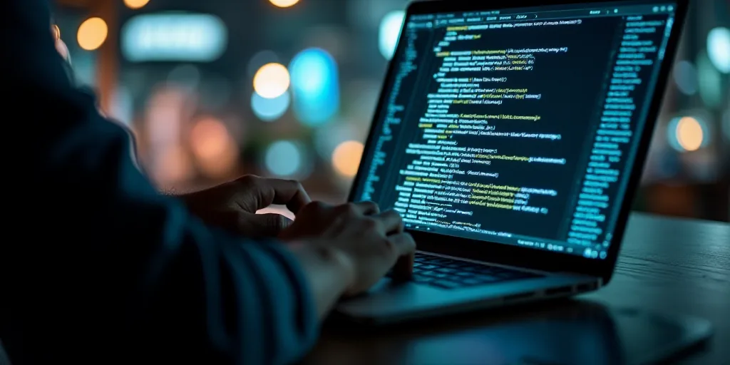 a person typing on a laptop computer with a lot of code on the screen and a hand on the keyboard, Be