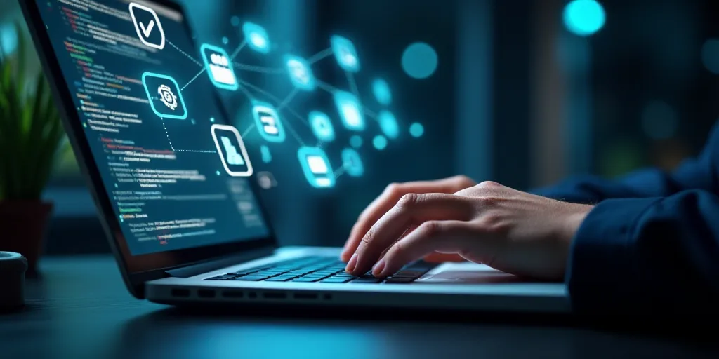 a person typing on a laptop with a keyboard and icons above it that spell out what is important to t