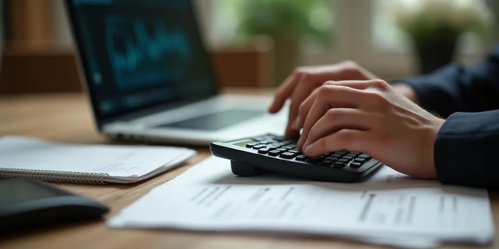 a person using a calculator on a desk with a laptop and papers on it and a calculator, Cao Buxing, f