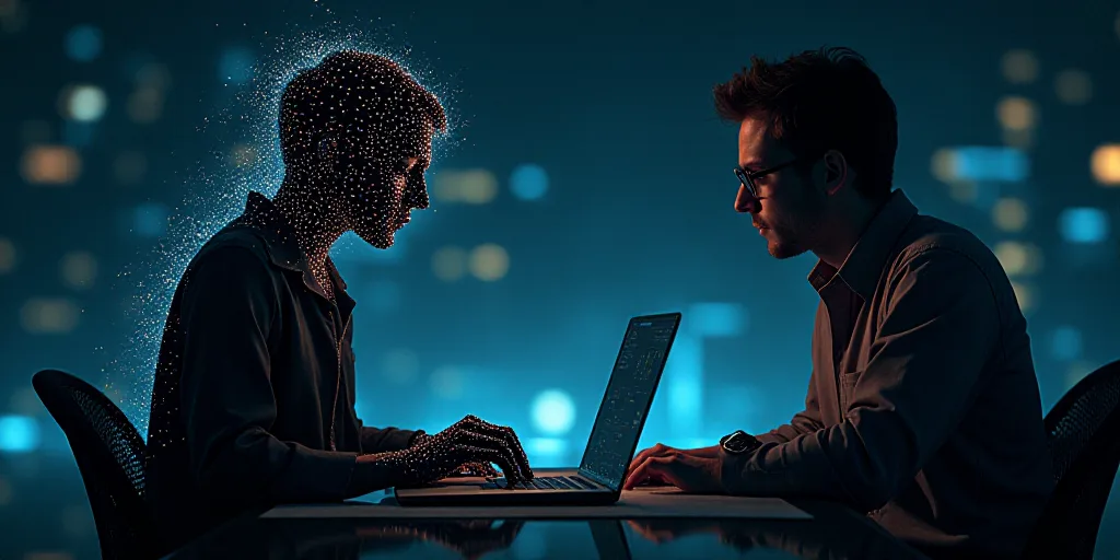 a person using a laptop with a network of dots over them and a person typing on a keyboard in front