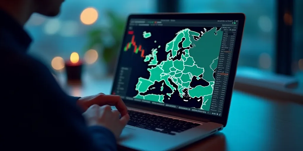 a person using a laptop with a map of europe in the background and a chart of stock prices on the sc