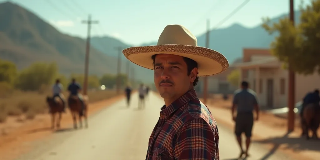 a person wearing a sombrero and a hat on the side of the road with people in the background, Estuard