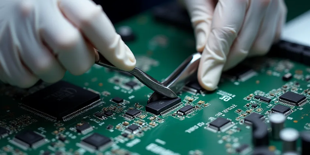 a person wearing gloves and a white glove is working on a computer motherboard with a pair of scisso