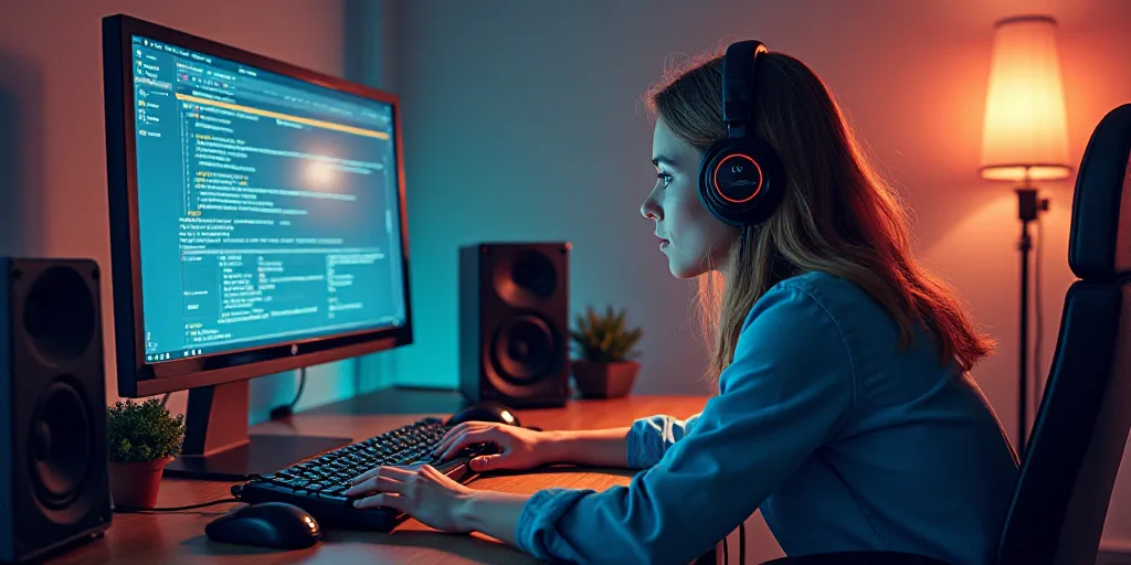 a person wearing headphones and using a computer keyboard with a headset on top of it, with a mouse