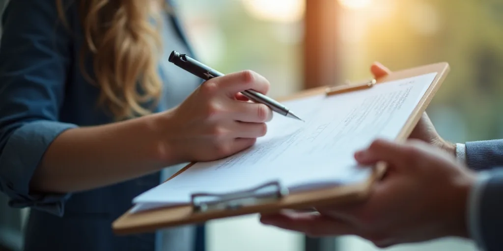 a person writing on a clipboard with a pen and paper clip in their hand and another person holding a