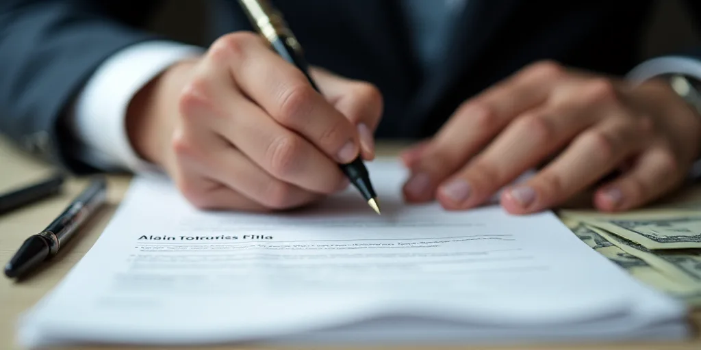 a person writing on a piece of paper with a pen and money next to it and a pen in the foreground, Al