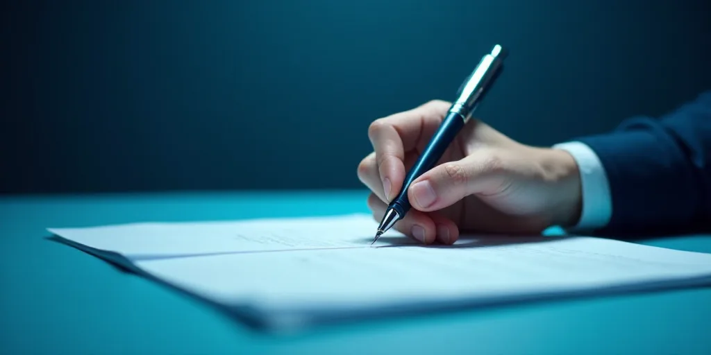 a person writing on a piece of paper with a pen in it and a blue background with a line of light, Ed