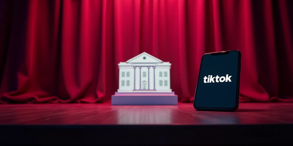 a phone and a tiktok logo on a stage with a curtain behind it and a white house sign, Felix-Kelly, e