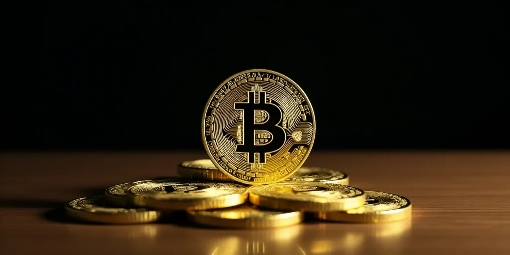 a pile of bitcoins sitting on top of each other on a table top with a black background, Beeple, 16k,