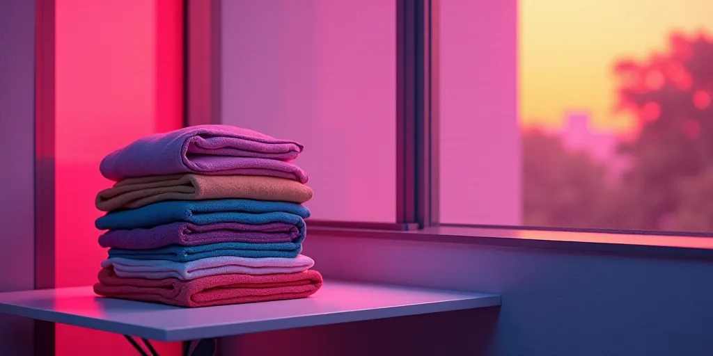a pile of folded clothes sitting on top of a table next to a building and a neon colored background,