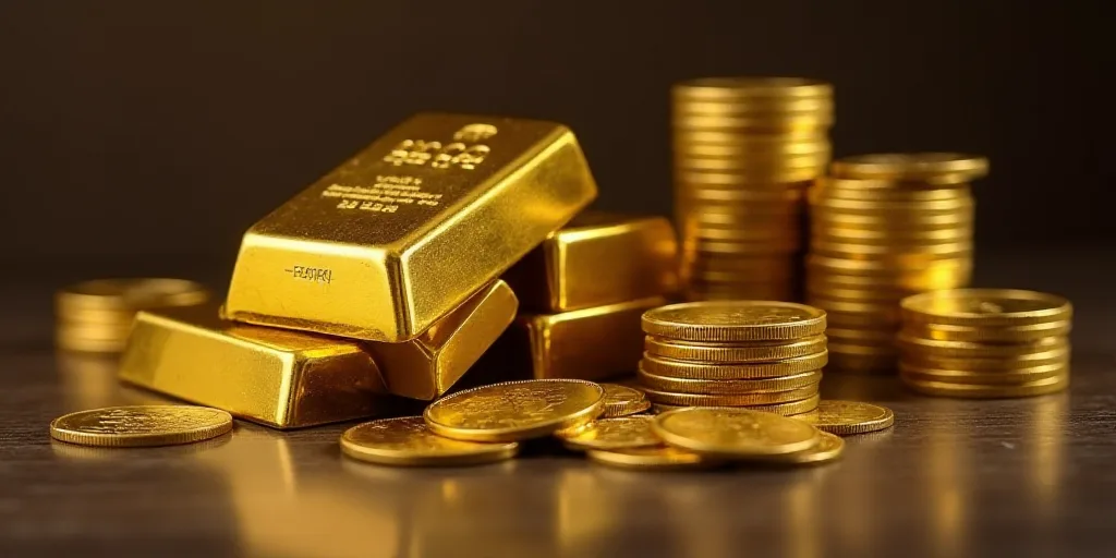 a pile of gold bars sitting next to stacks of gold coins and stacks of gold coins on a table, Enguer