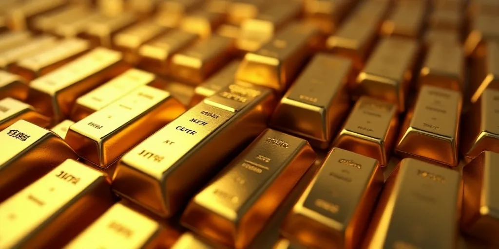 a pile of gold bars sitting on top of a table next to each other on a table top with a bunch of them