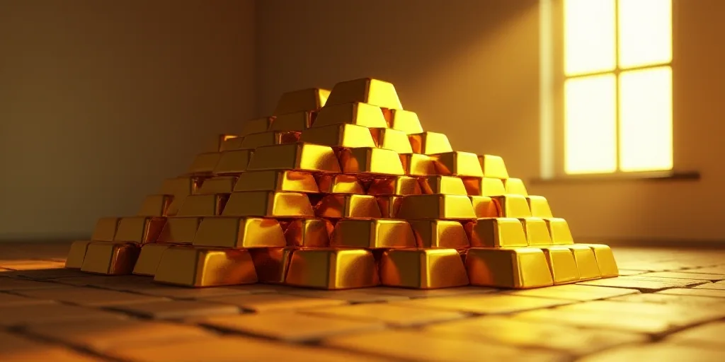 a pile of gold bars stacked on top of each other in a room with a window and a light, Christopher Wi