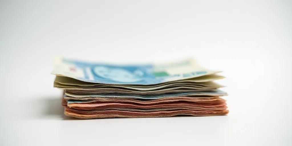 a pile of mexican currency sitting on top of each other on a table top with a white background and a